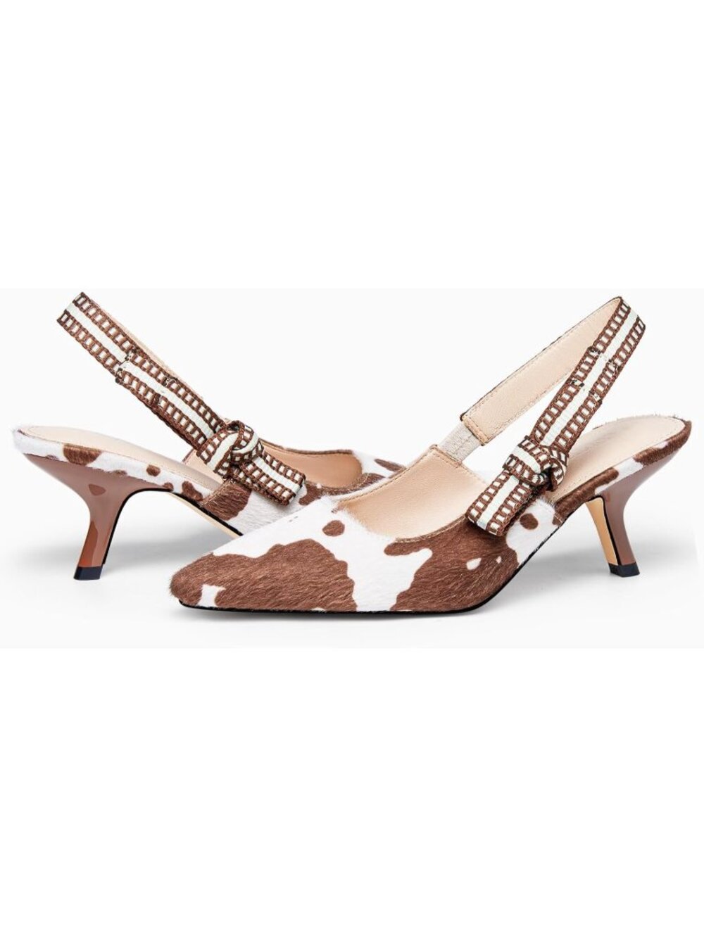 Women's Light Brown Slingback Kitten Heels Pointed Toe Bowknot Knitted Sandals - Picture 3 of 4